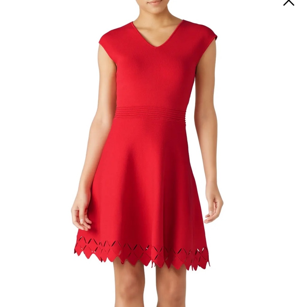 Ted Baker Red V‑Neck Mini Dress with Laser‑Cut Hem